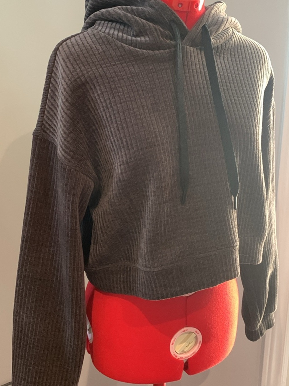 Avec Les Filles Charcoal Ribbed Cropped Hoodie